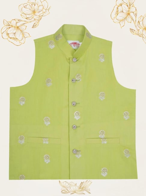 Little Bansi Boys Green Cotton Embroidered Nehru Jacket