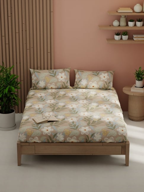 Kopa Taupe Microfiber Floral 152 TC Double Bedsheet with 2 Pillow Covers-picture-46