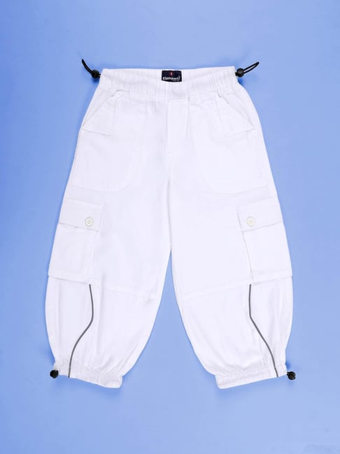 Kiddopanti Girls White Cotton Regular Fit Cargo Pants