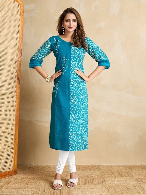 SHANVIKA Teal Blue Cotton Floral Kurta