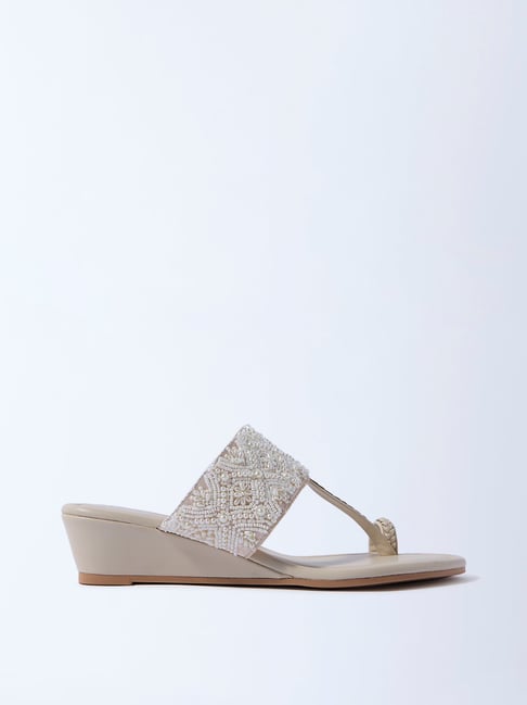 LUNA BLU by Westside Ivory Pearlescent Kolhapuri Wedge Sandals-picture-20
