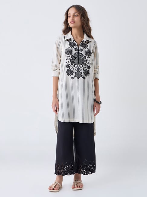 Utsa by Westside Off-White Embroidered Cotton-Blend High-Low Kurta-picture-26