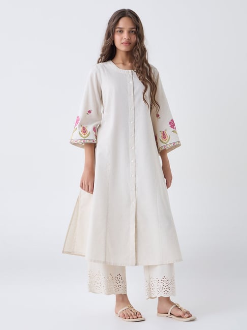 Utsa by Westside Off-White Embroidered Cotton-Blend A-Line Kurta-picture-35
