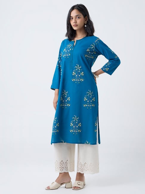 Utsa by Westside Blue Foliage Print Cotton Straight Kurta-picture-16