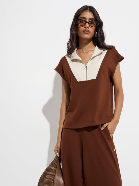 LOV by Westside Dark Brown Colour-Blocked Quarter-Zip T-Shirt
