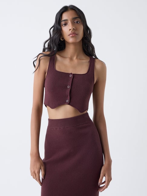 Nuon by Westside Dark Brown Ribbed Top