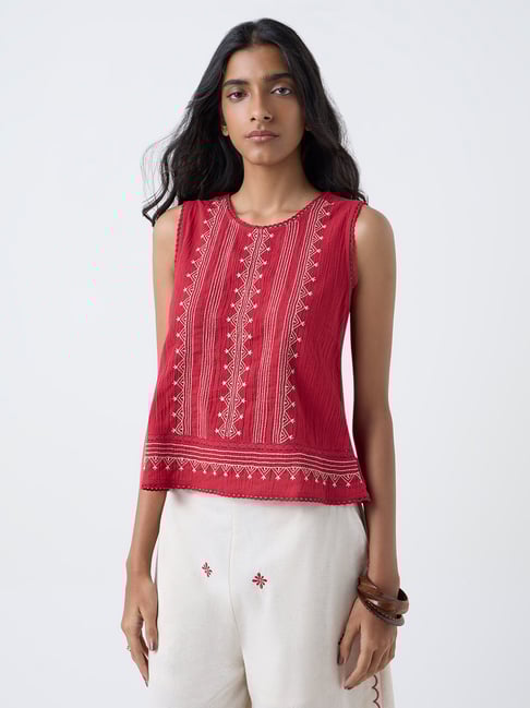 Bombay Paisley by Westside Red Embroidered Cotton Top