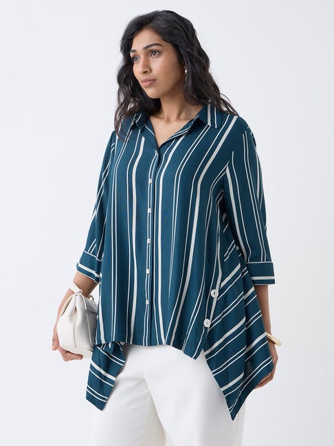 Gia by Westside Teal Striped Asymmetrical Blouse-picture-34