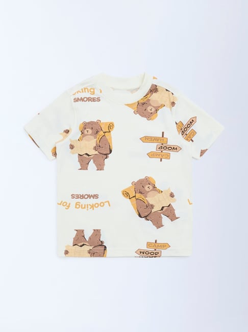 HOP Kids by Westside Off-White Animal Printed Cotton T-Shirt