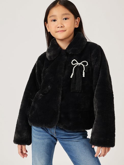 One Friday Girls Black Regular Fit Self Design Overcoat-picture-21