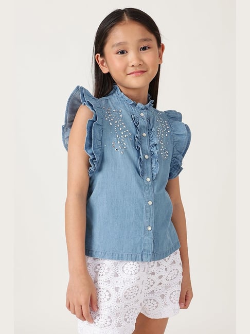 One Friday Girls Blue Cotton Regular Fit Washed Top-picture-10