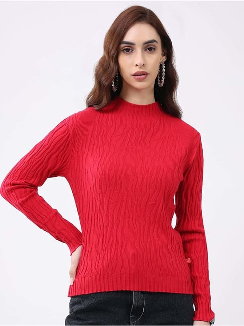 Monte Carlo Red Regular Fit Self Pattern Sweater