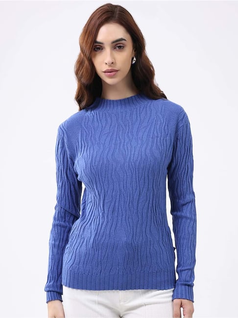 Monte Carlo Blue Regular Fit Self Pattern Sweater