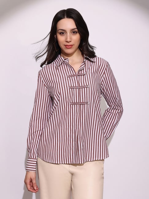 Globus Women Brown Striped Collared Neck Cuffed Sleeves Chinese Tab Oversized Workwear Shirt
