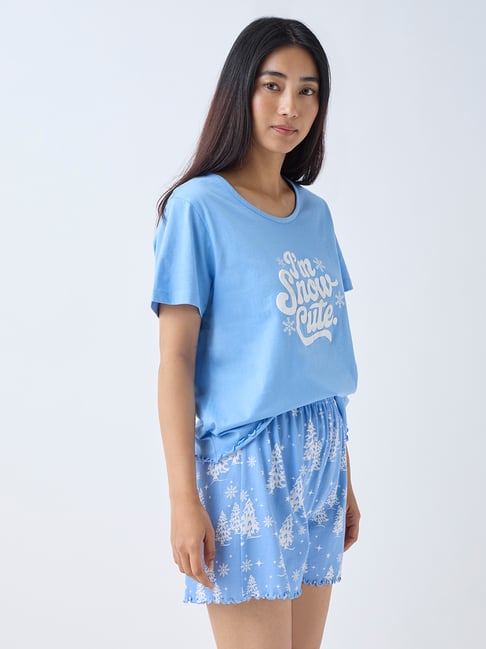 Wunderlove by Westside Blue Printed Cotton T-Shirt and Shorts Set-picture-38