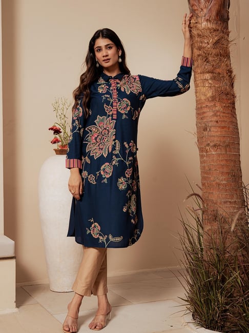 Juniper Midnight Blue Viscose Printed Long Sleeves Kurta