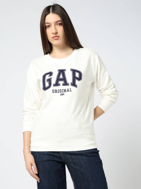 GAP White Embroidered Cotton Embroidered Logo Crew Neck Sweatshirt