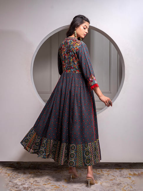 grey ethnic dress Women grey cotton ethnic motifs printed anarkali kurta