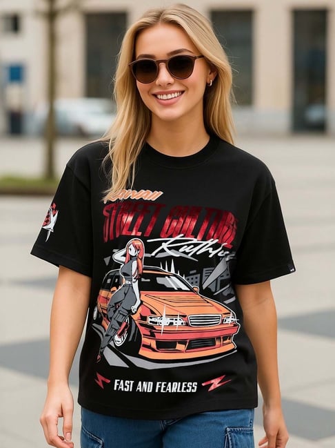 Bewakoof Black Cotton Relaxed Fit Printed T-Shirt