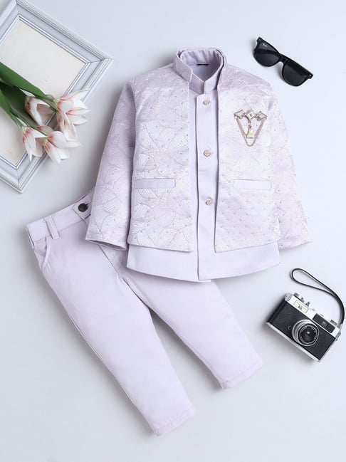 Fourfolds Boys Lavender Regular Fit Embroidered Indowestern Set