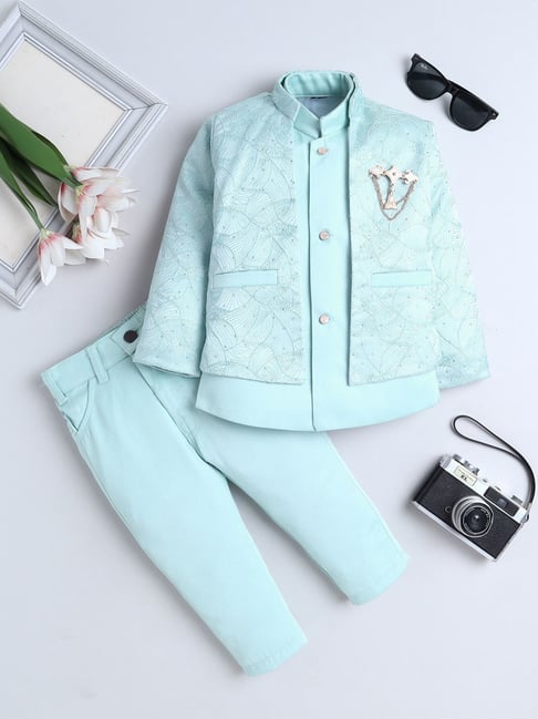 Fourfolds Boys Pastel Blue Regular Fit Embroidered Indowestern Set