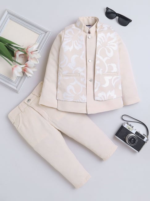 Fourfolds Boys Beige Regular Fit Embellished Indowestern Set
