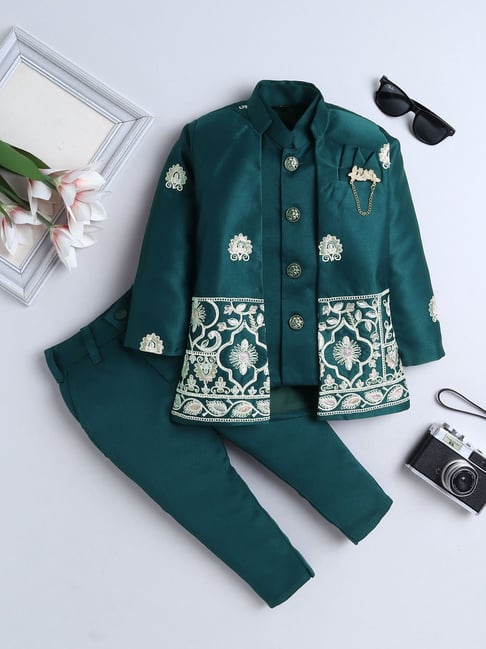 Fourfolds Boys Teal Regular Fit Embroidered Indowestern Set
