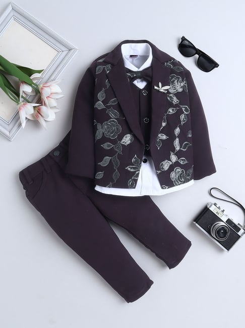 Fourfolds Boys Wine Regular Fit Embroidered Suit Set