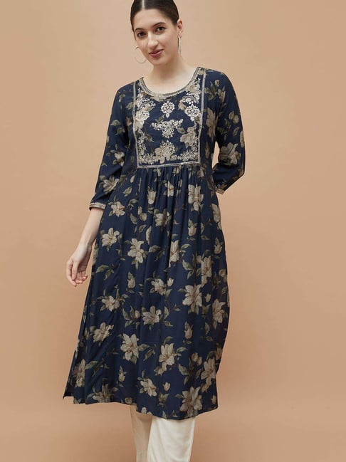 Melange By Lifestyle Indigo Regular Fit Floral Print Kurta-picture-32