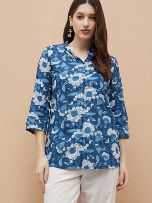 Melange By Lifestyle Indigo Cotton Regular Fit Floral Print Kurti