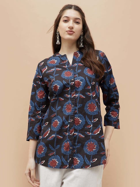 Melange By Lifestyle Black Cotton Regular Fit Floral Print Kurti