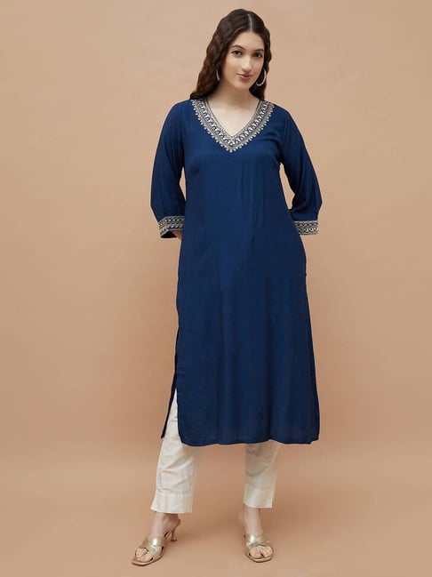 Melange By Lifestyle Indigo Regular Fit Embroidered Kurta-picture-27