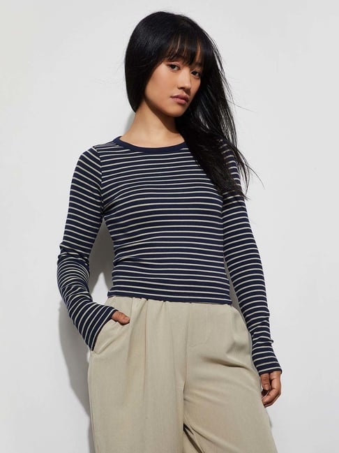 Ginger By Lifestyle Dark Blue Cotton Regular Fit Striped Top
