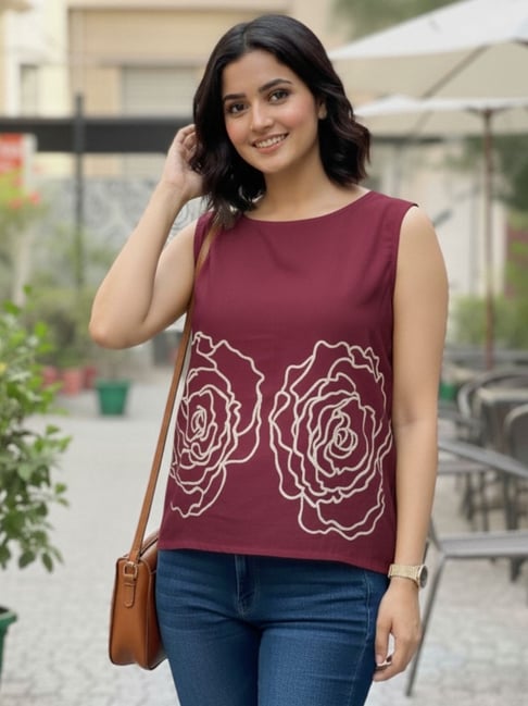 DECKEDUP Wine Cotton Printed Top