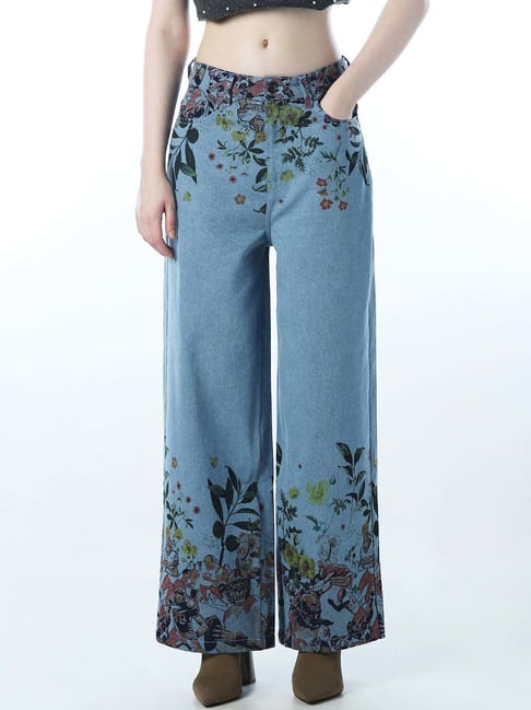 Only Blue Cotton Wide Leg Fit Floral Print Jeans-picture-41