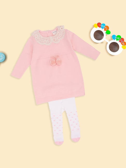 Pantaloons Baby Girls Barely Pink Printed Sweater with Tights