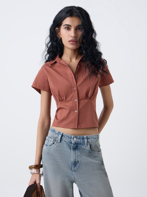 nuon women Nuon by Westside Brown Smocked Cotton Shirt-picture-42