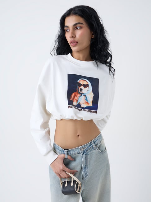 Nuon by Westside Off-White Graphic Design Crop Cotton T-Shirt