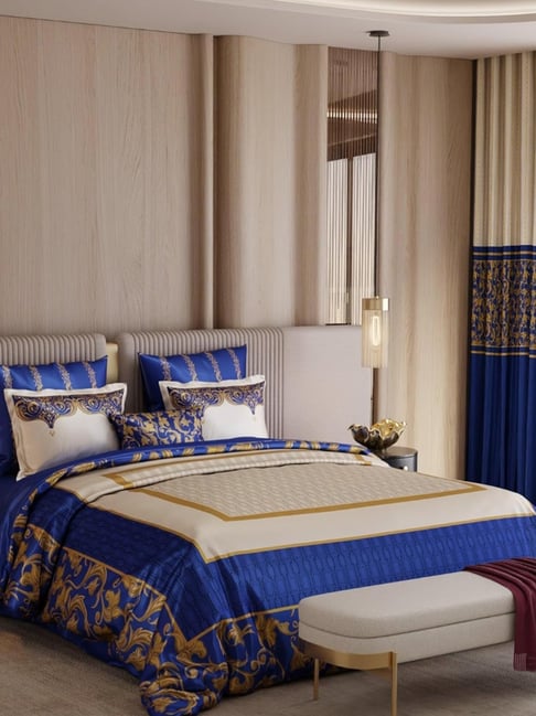 Stoa Paris Blue Polyester Printed 300 TC Bedding Set of - 9