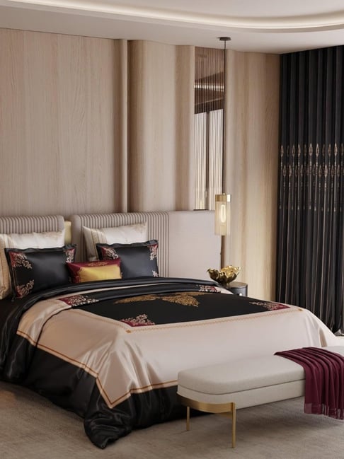 Stoa Paris Black Polyester Printed 300 TC Bedding Set of - 9