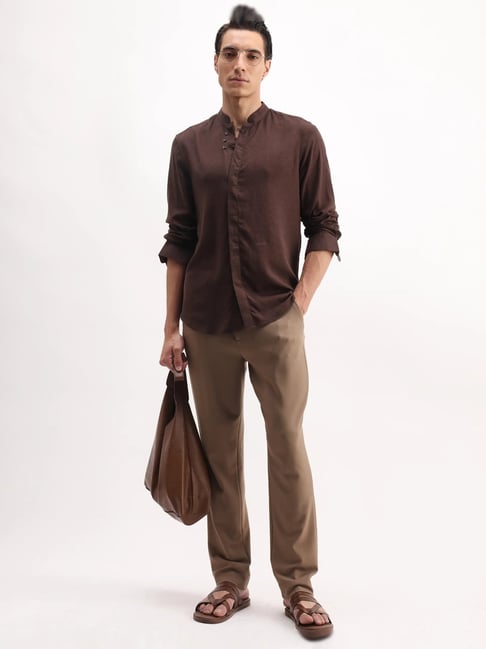 Rare Rabbit Throne 25 Brown Lyocell Plain Regular Fit Full Sleeve Mandarin Collar Shirt-picture-35