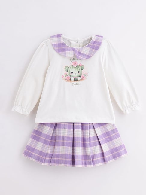 One Friday Girls Multi Cotton Regular Fit Chequered Top With Skirt Set-picture-34