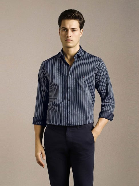 Louis Philippe Navy Cotton Slim Fit Striped Shirt-picture-19