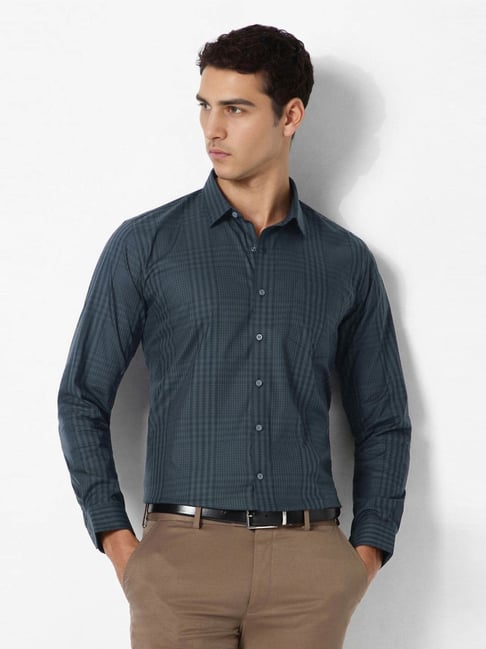 Van Heusen Navy Cotton Slim Fit Checks Shirt-picture-19