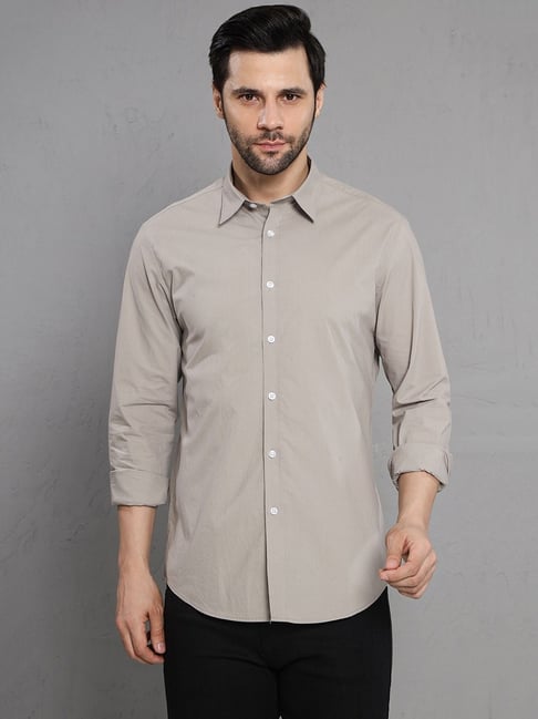 John Pride Grey Cotton Regular Fit Solid Shirt