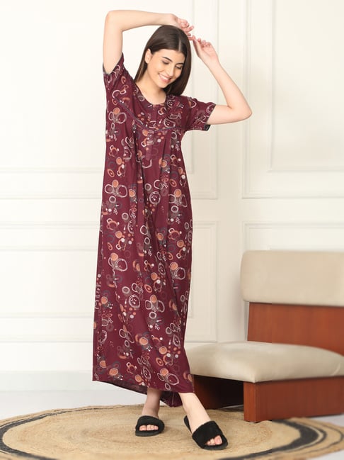 Sweet Dreams Maroon Viscose Regular Fit Printed Short Sleeves Nightdress-picture-19