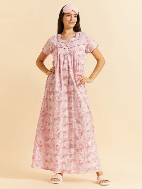 Sweet Dreams Pink Cotton Regular Fit Printed Short Sleeves Nightdress-picture-36