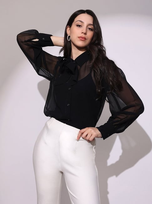 Globus Women Black Bow Detail Collared Neck Cuffed Sleeves Curved Hem Georgette Sheer Party Shirt