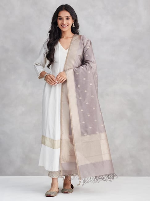 Fabindia Grey Cotton Silk Blend Banarsi Dupatta-picture-20