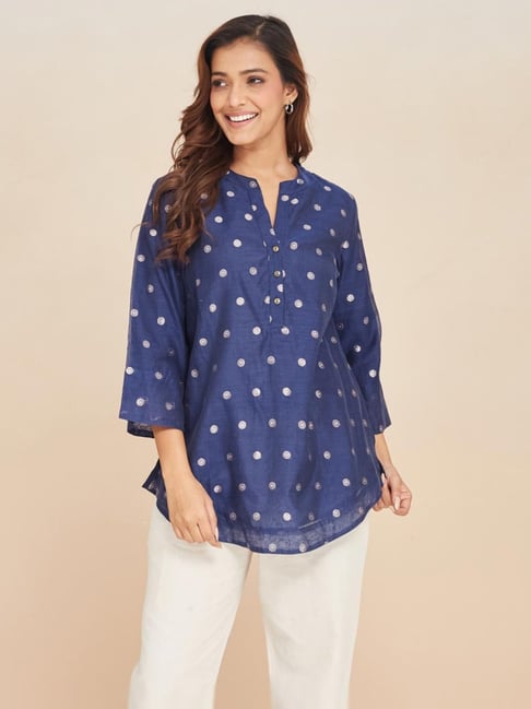 Fabindia Navy Cotton Silk Blend Embroidered Tunic-picture-20
